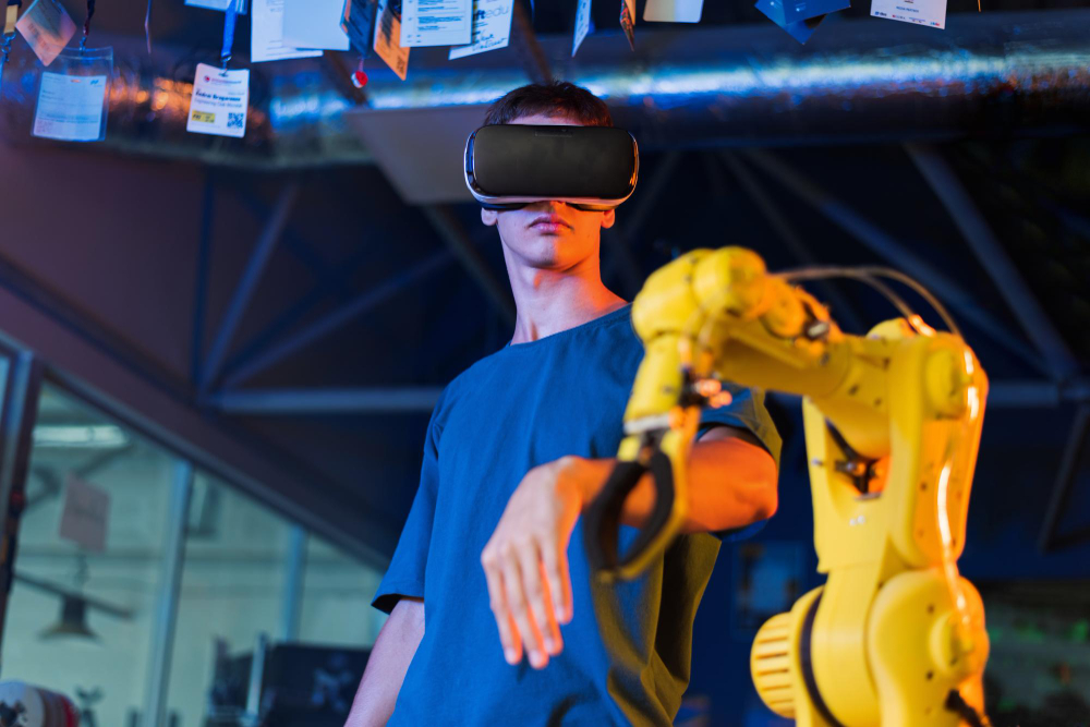 A modern automated factory with robotic arms.