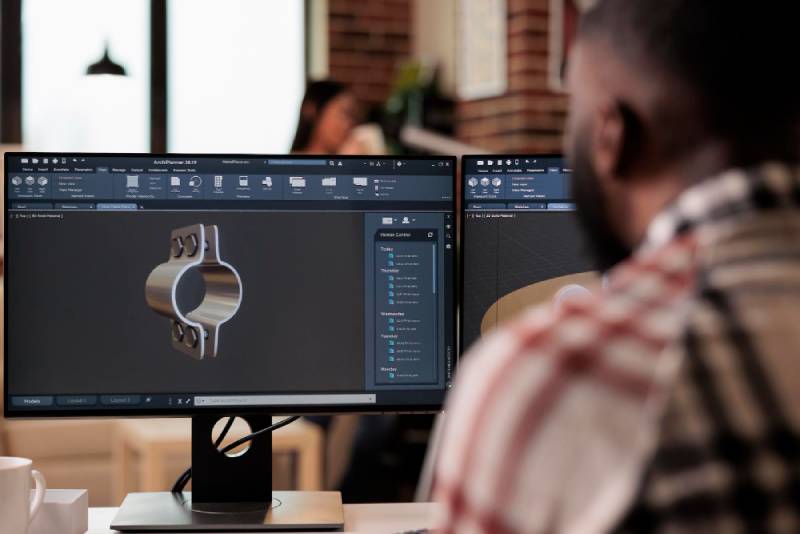 A 3D CAD model of an aerospace component undergoing stress analysis.