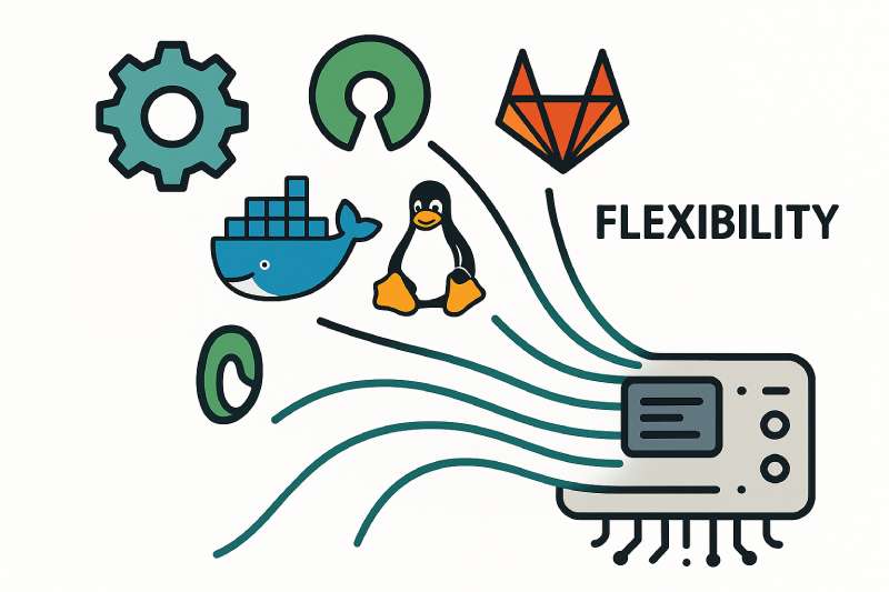 Image of open-source logos flowing into a system, representing flexibility.